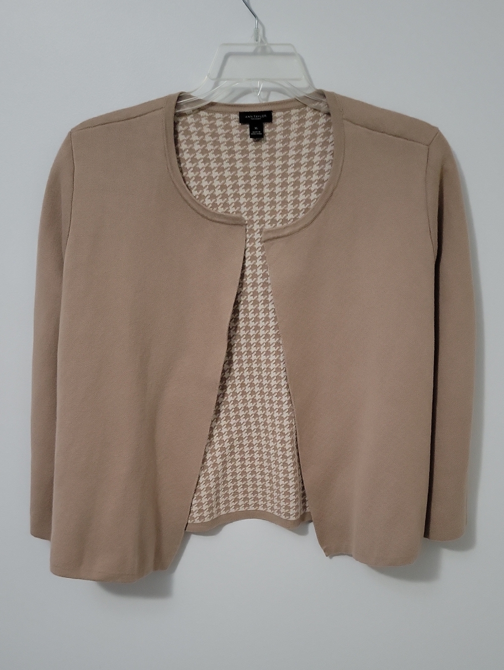Ann Taylor Taupe Open-Front Sweater with Houndstooth Lining, Size X-Large